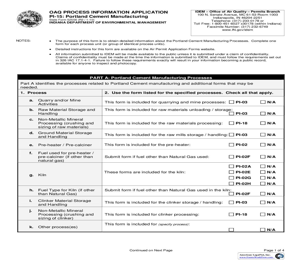 OAQ Process Information Application PI-15 Portland Cement Manufacturing {52556} |  | Indiana