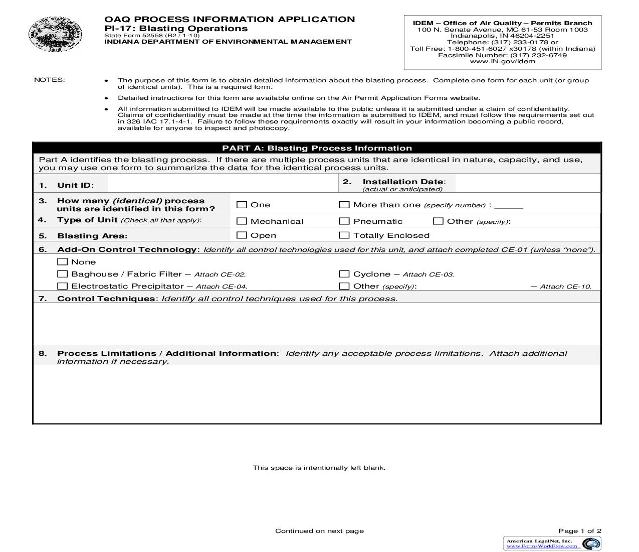 OAQ Process Information Application PI-17 Blasting Operations {52558} |  | Indiana