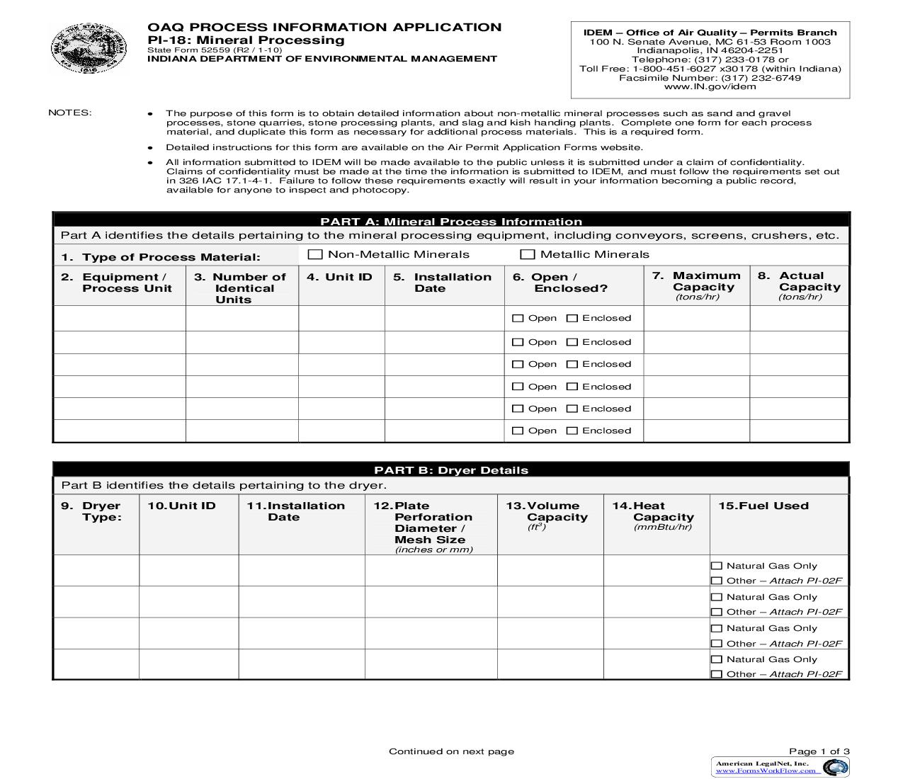 OAQ Process Information Application PI-18 Mineral Processing {52559} |  | Indiana