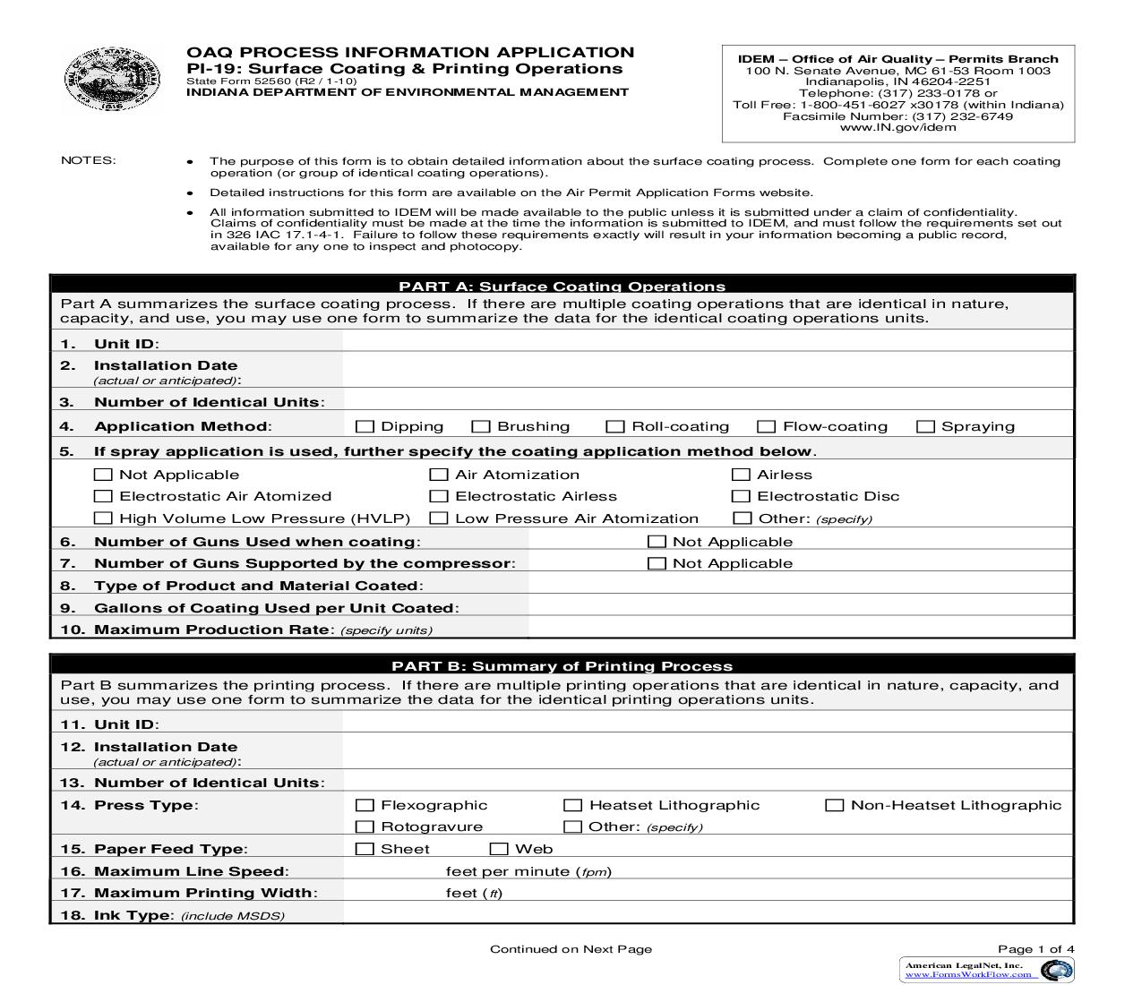 OAQ Process Information Application PI-19 Surface Coating And Printing Operations {52560} |  | Indiana