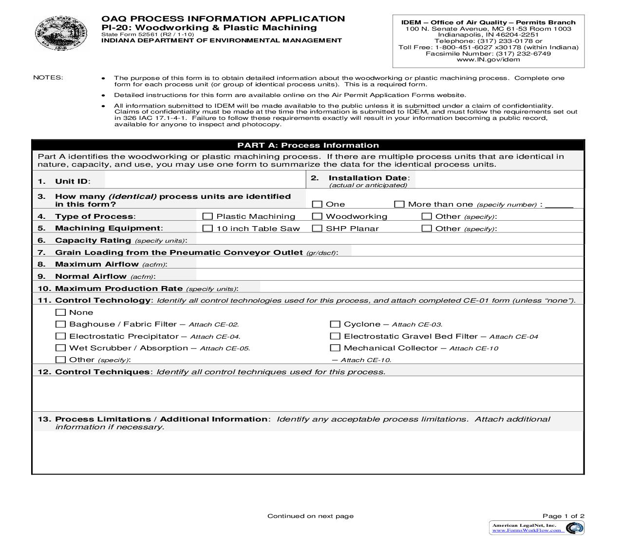 OAQ Process Information Application PI-20 Woodworking And Plastic Machining {52561} |  | Indiana