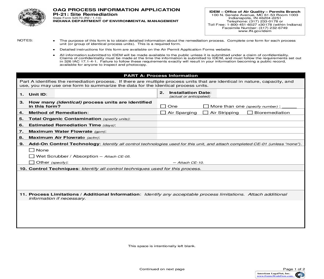 OAQ Process Information Application PI-21 Site Remediation  {52570} |  | Indiana