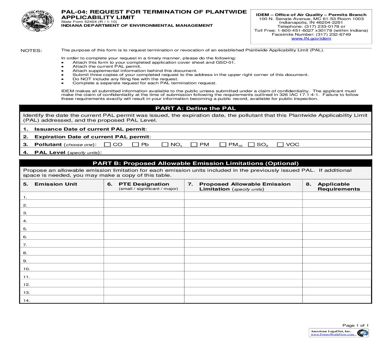 PAL-04 Request For Termination Of Plantwide Applicability Limit  {52454} |  | Indiana