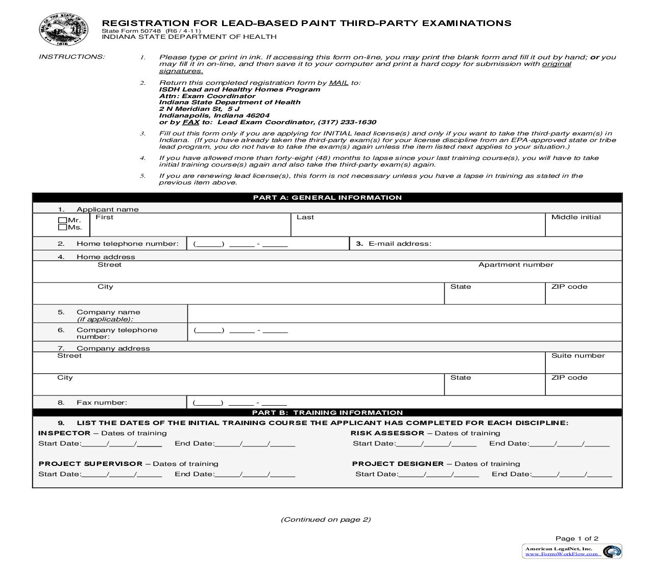Registration Form For Lead Based Paint Third Party Examinations {50748} |  | Indiana