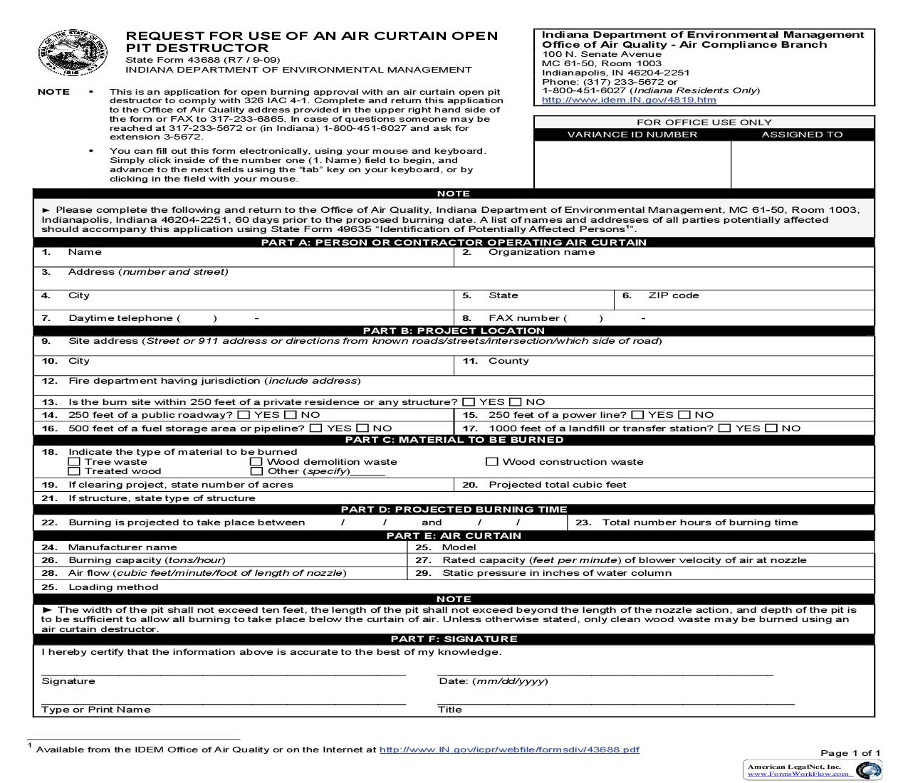 Request For Use Of An Air Curtain Open Pit Destructor {43688} |  | Indiana
