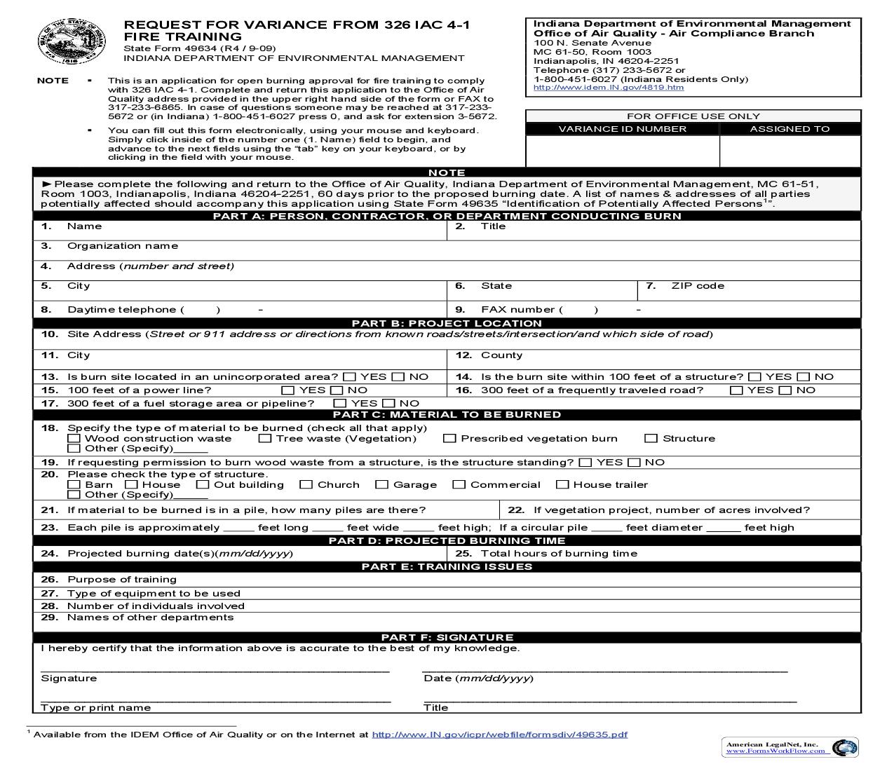 Request For Variance Form 326 IAC 4-1 Fire Training {49634} |  | Indiana