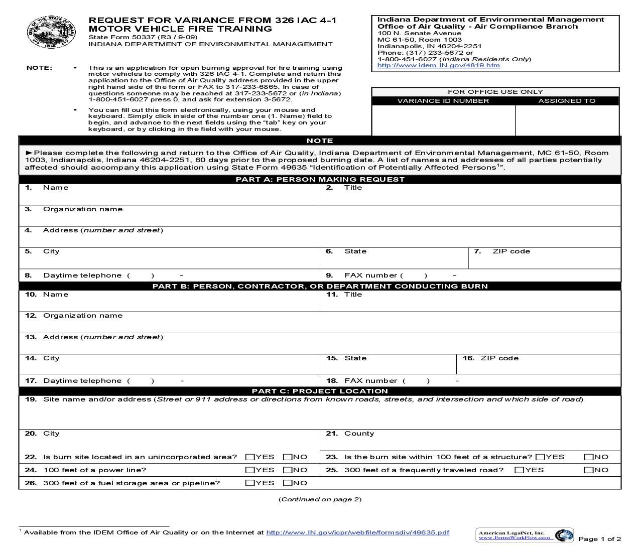 Request For Variance Form 326 IAC 4-1 Motor Vehicle Fire Training {50337} |  | Indiana