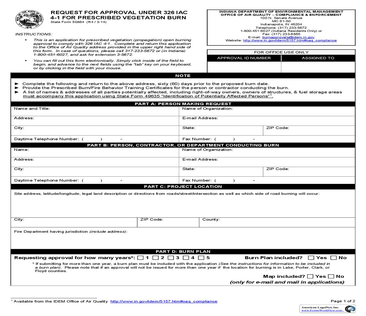 Request For Variance Form 326 IAC 4-1 Prescribed Vegetation Burn {50864} |  | Indiana