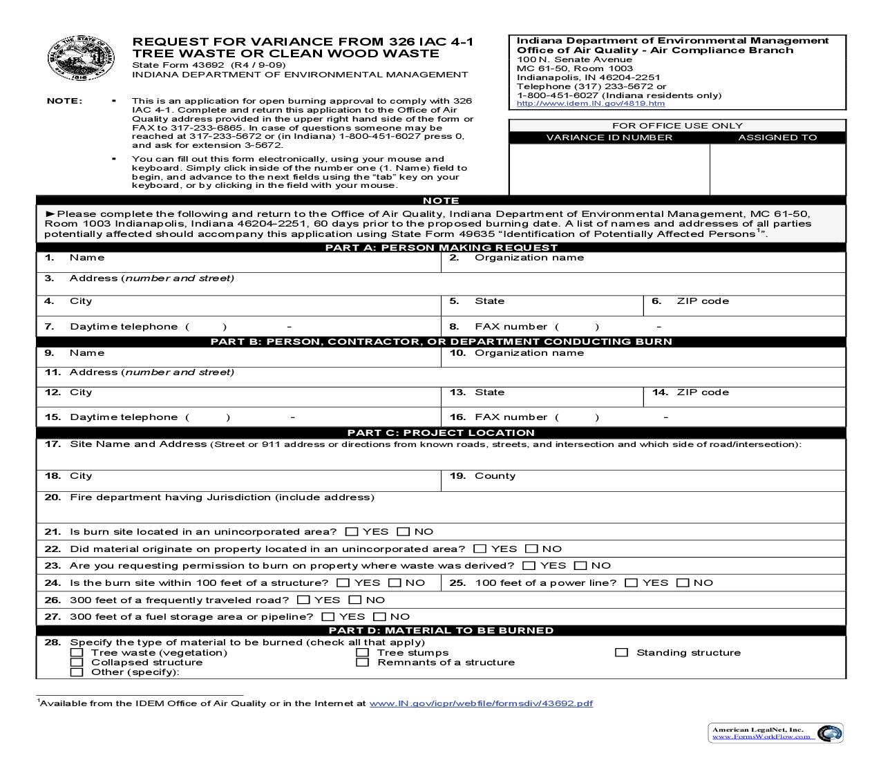 Request For Variance Form 326 IAC 4-1 Tree Waste Or Clean Wood Waste {43692} |  | Indiana