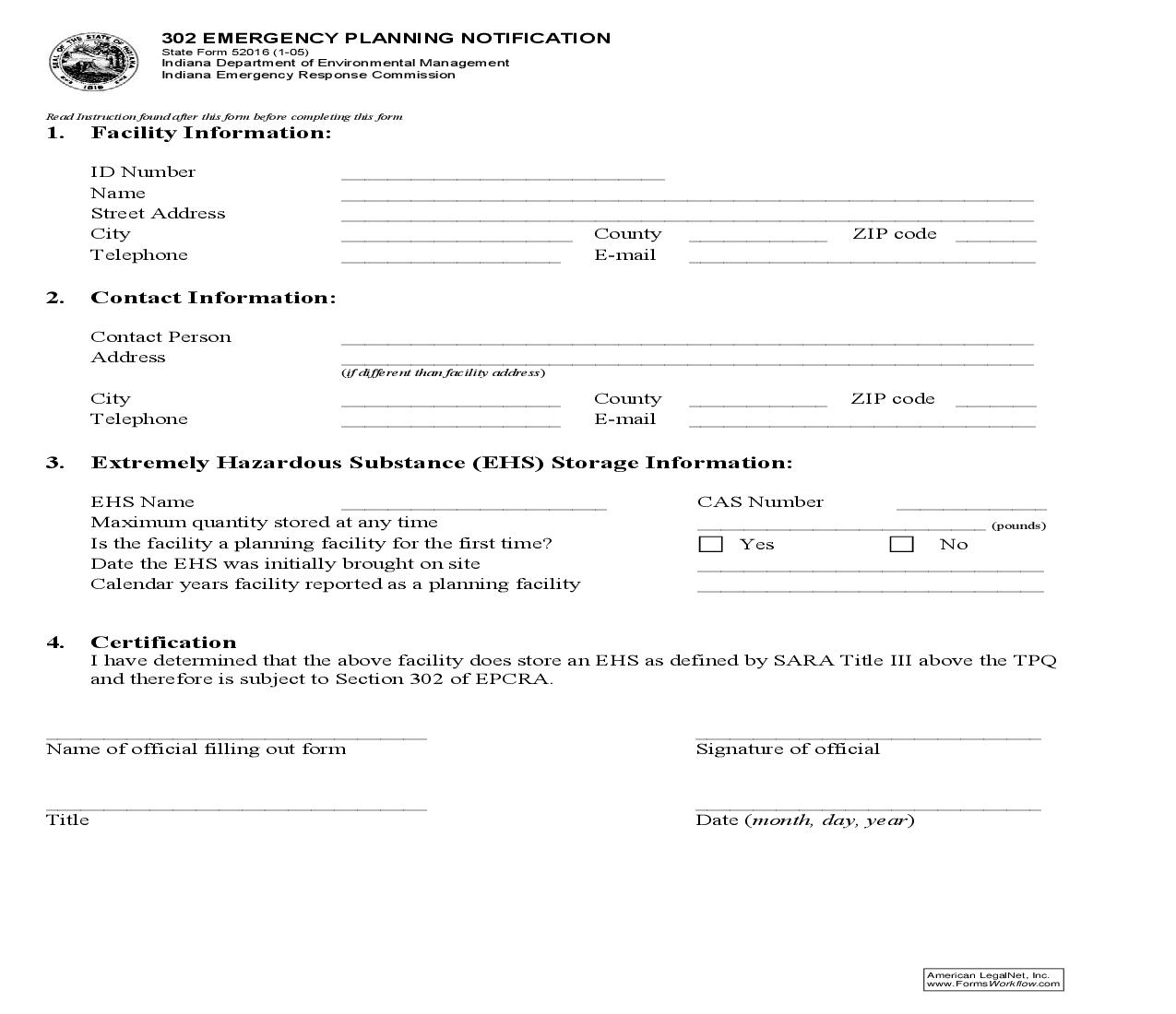 302 Emergency Planning Notification {52016} |  | Indiana