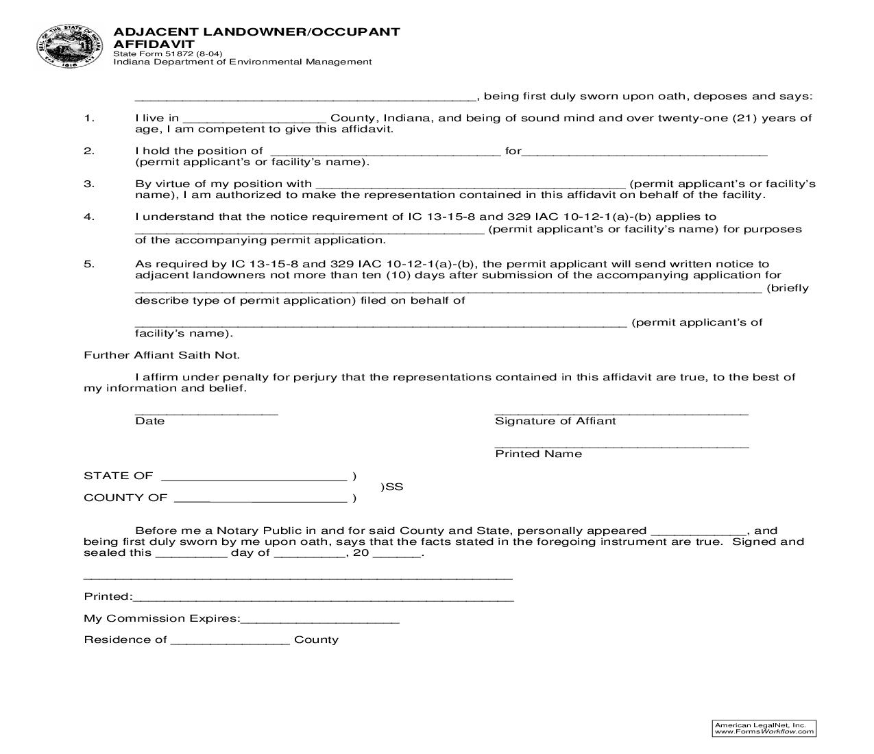 Adjacent Landowner Occupant Affidavit {51872} |  | Indiana