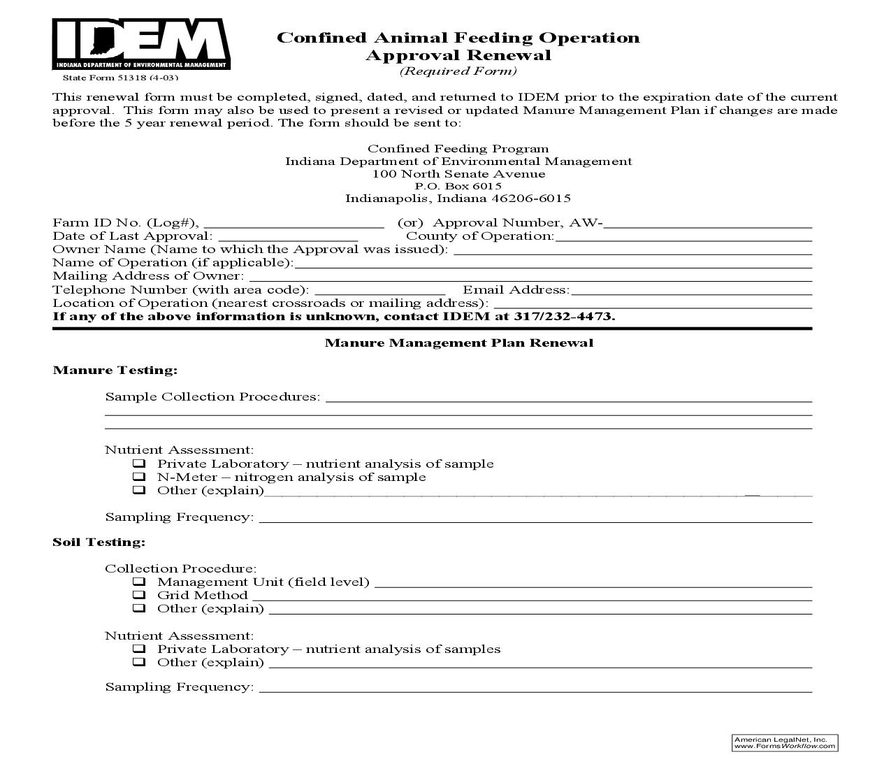 Confined Animal Feeding Operation Approval Renewal {51318} |  | Indiana