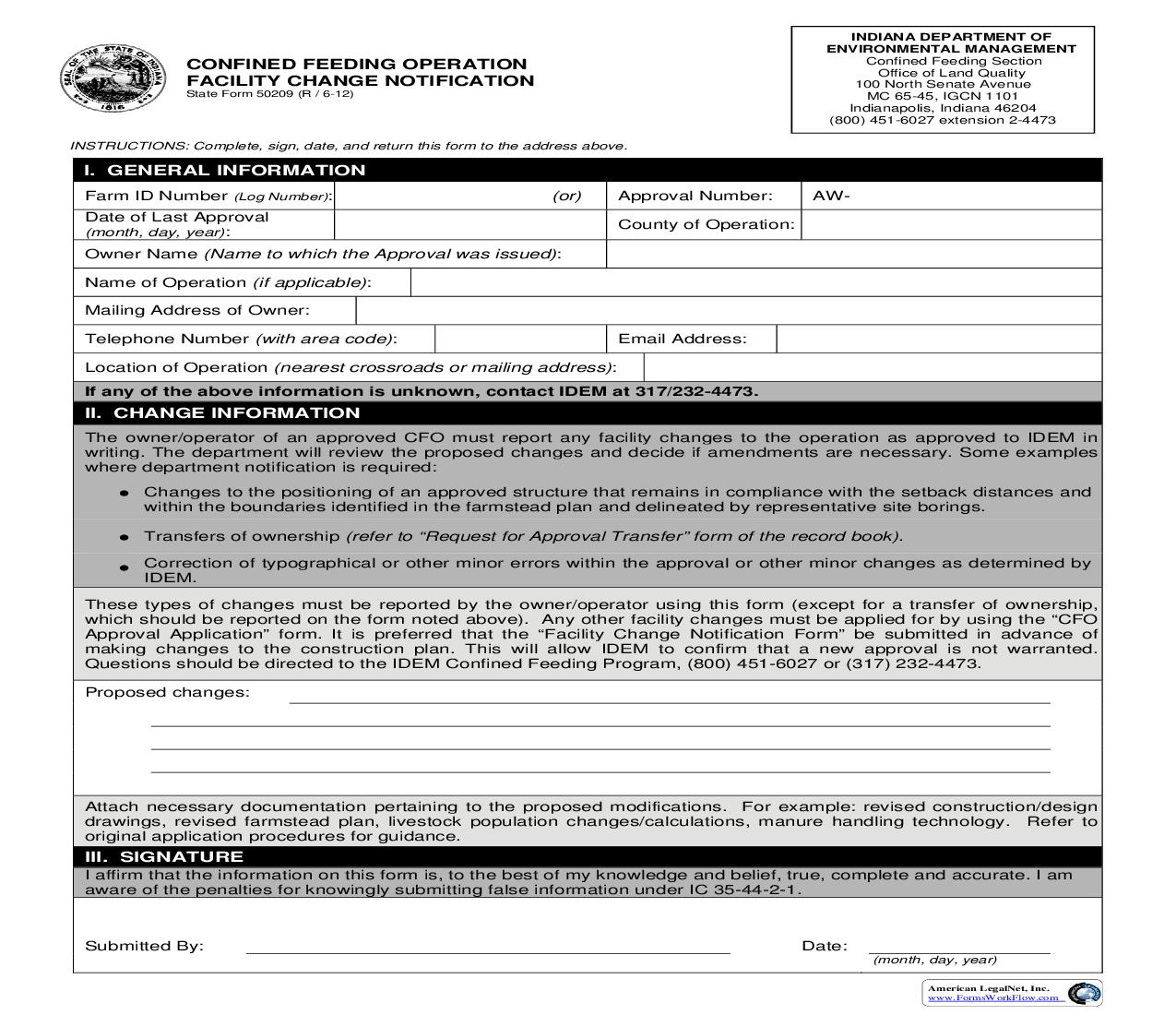 Confined Animal Feeding Operation Facility Change Notification {50209} |  | Indiana