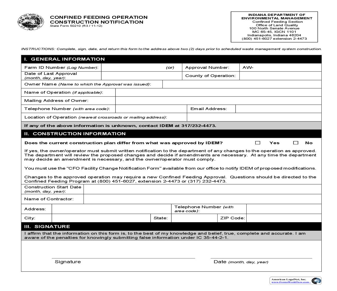Confined Animal Feeding Operation Pre Construction Notification {50210} |  | Indiana