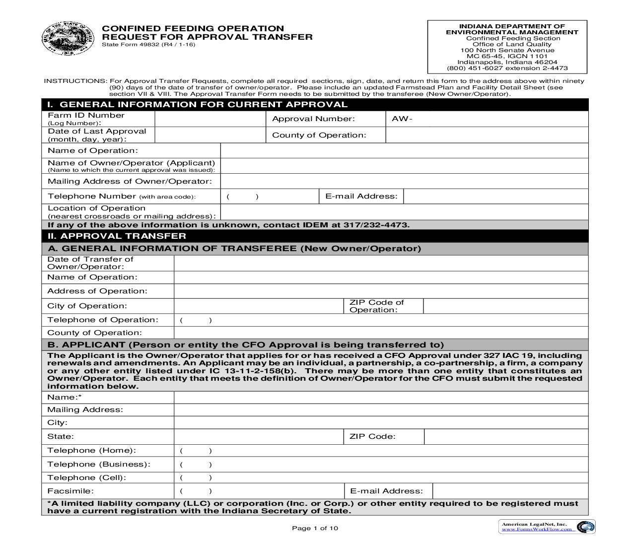 Confined Animal Feeding Operation Request For  Approval Transfer {49832} |  | Indiana