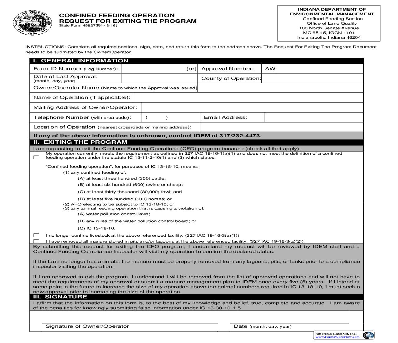 Confined Animal Feeding Operation Request For  Approval Voidance {49827} |  | Indiana