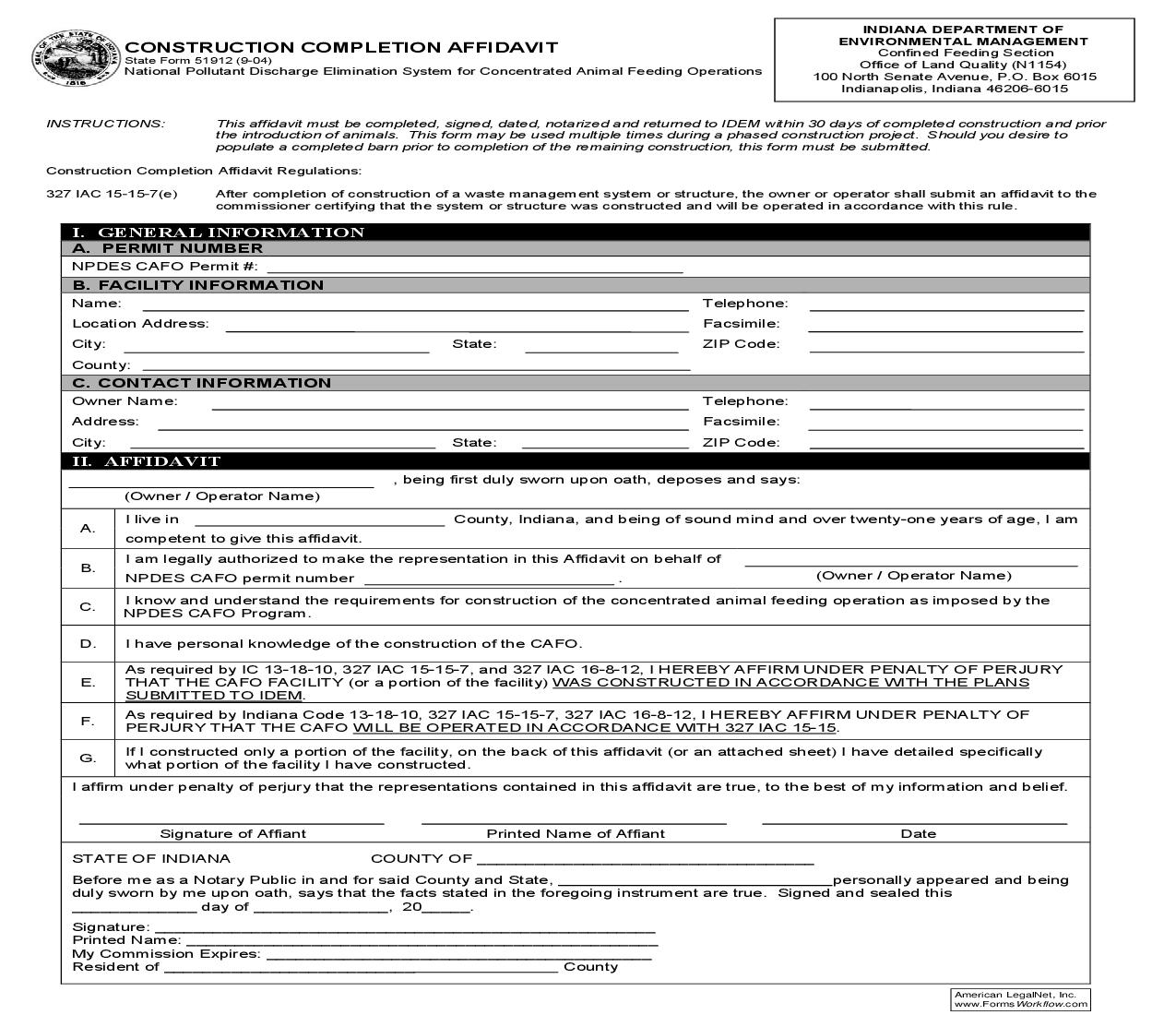 Construction Completion Affidavit {51912} |  | Indiana