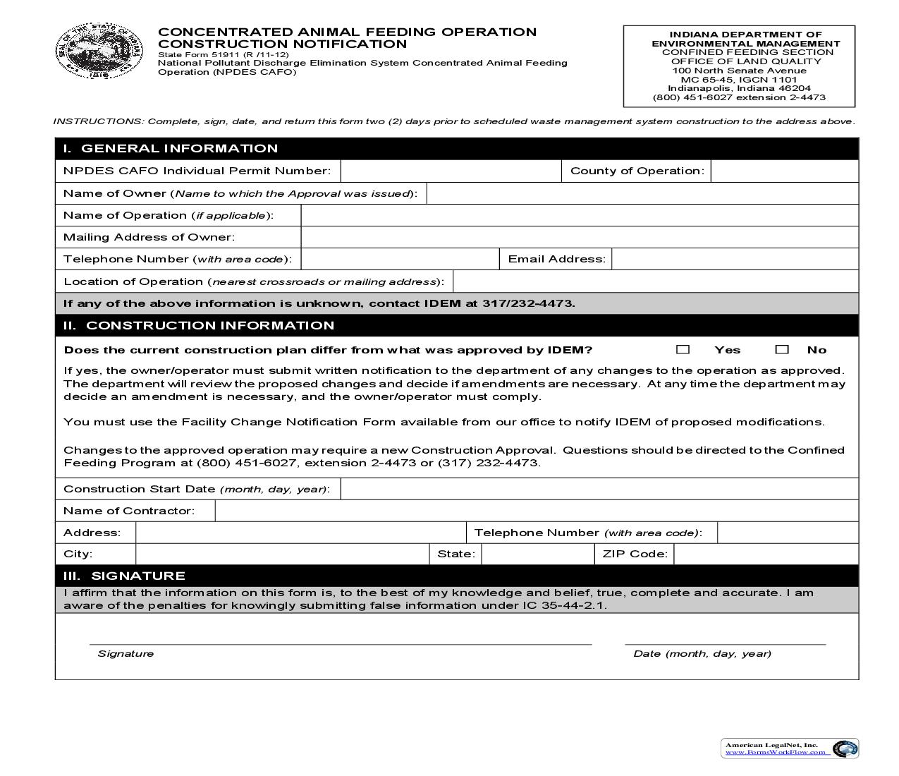 Construction Notification {51911} |  | Indiana