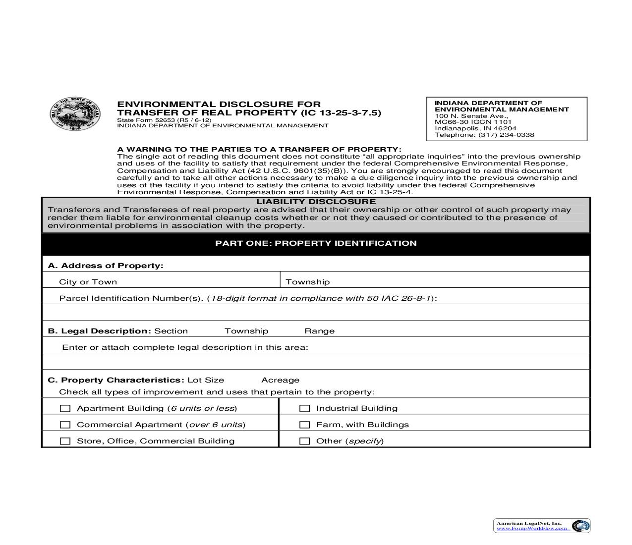 Enviromental Disclosure For Transfer Of Real Property (IC 13-25-3-7.5) {52653} |  | Indiana
