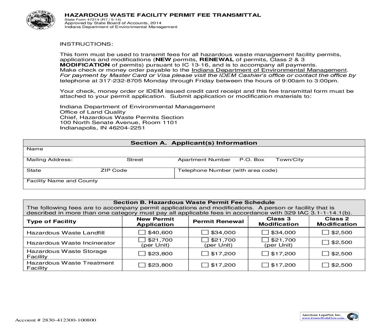 Hazardous Waste Facility Permit Fee Transmittal {47214} |  | Indiana