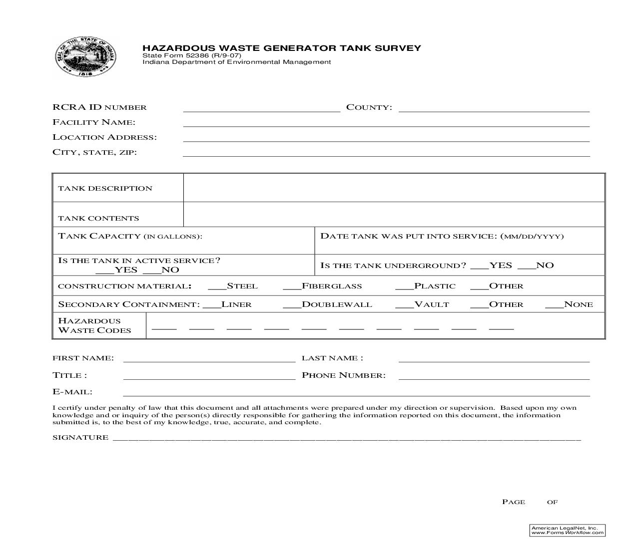 Hazardous Waste Generator Tank Survey {52386} |  | Indiana