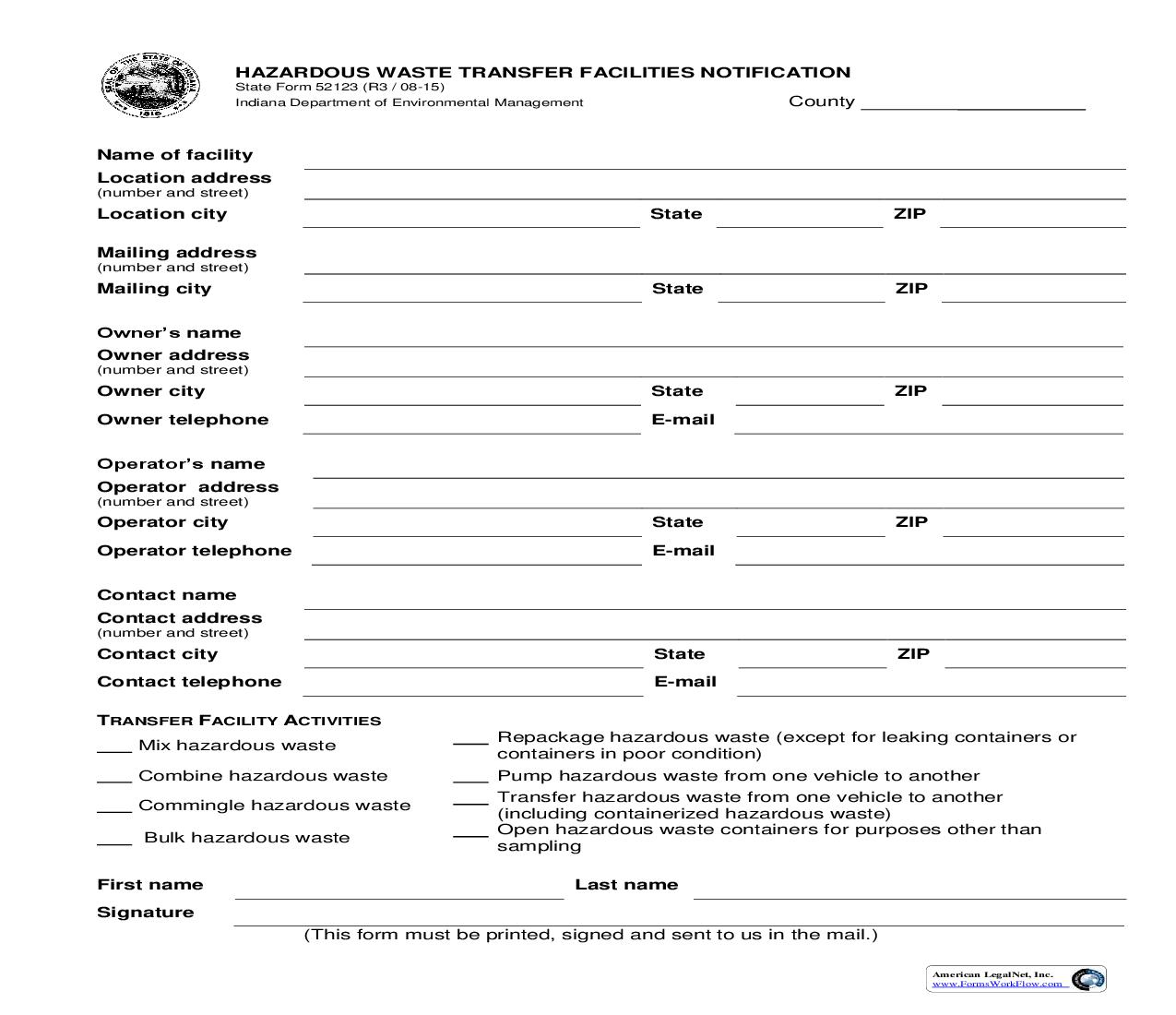 Hazardous Waste Transfer Facilities Notification {52123} |  | Indiana