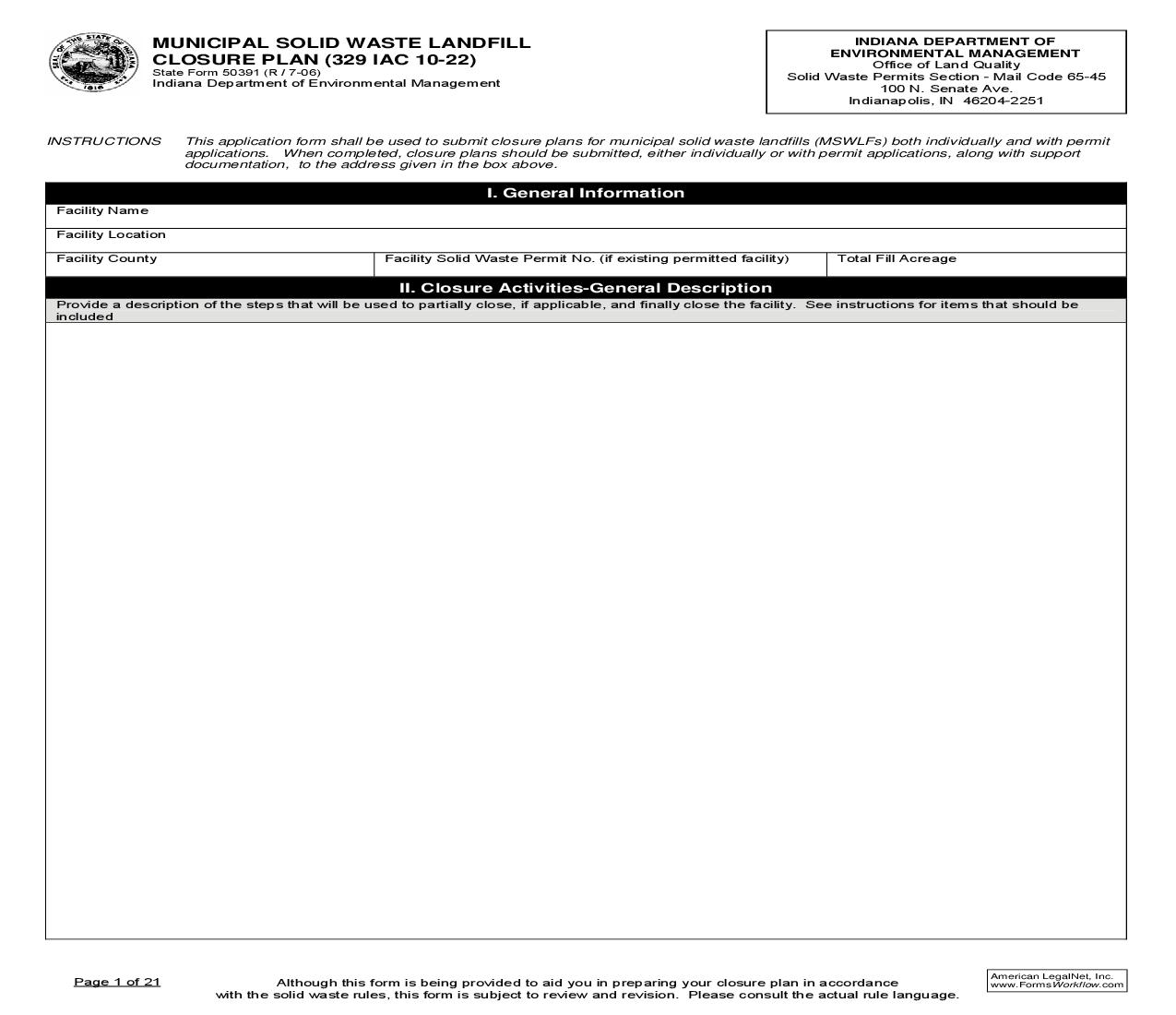 Municipal Solid Waste Landfill Closure Plan (329 IAC 10-22) {50391} |  | Indiana