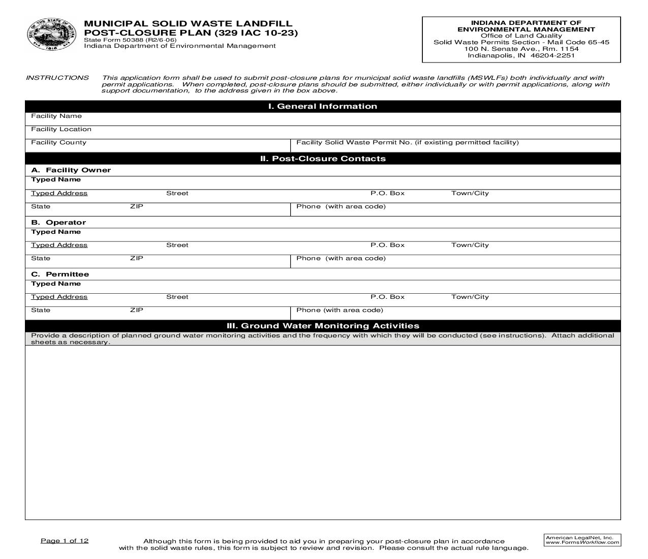 Municipal Solid Waste Landfill Post Closure Plan (329 IAC 10-23) {50388} |  | Indiana