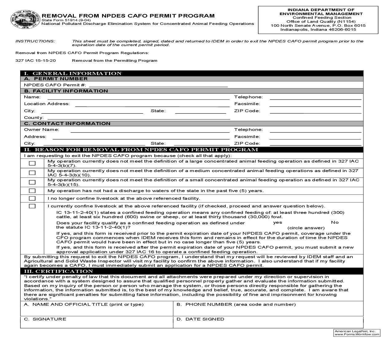Removal From NPDES CAFO Permit Program {51914} |  | Indiana
