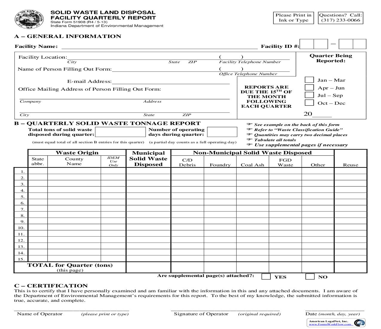 Solid Waste Disposal Facility Quarterly Report {51908} |  | Indiana