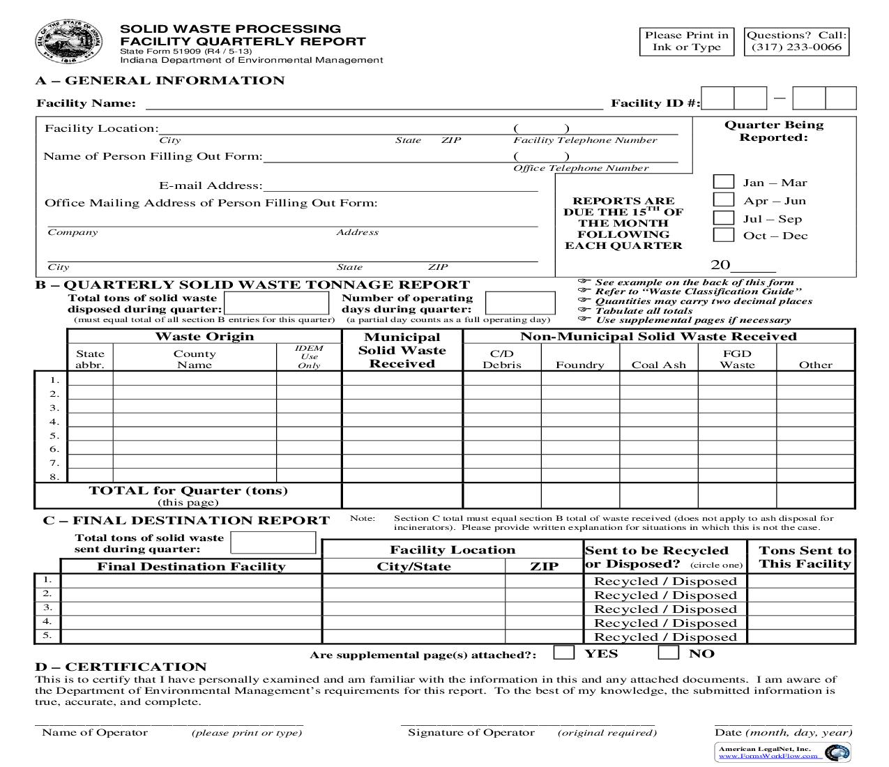 Solid Waste Processing Facility Quarterly Report {51909} |  | Indiana