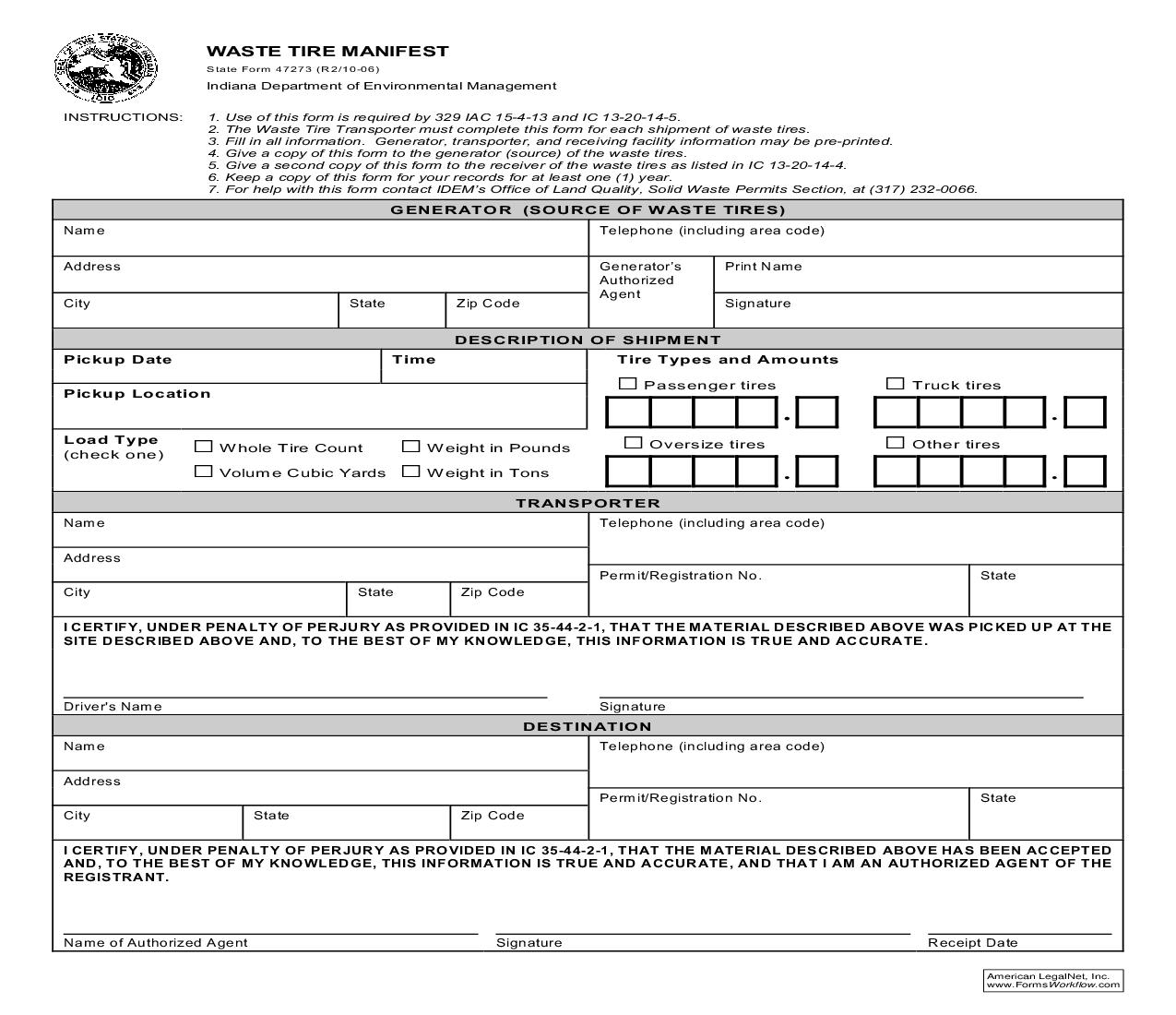 Waste Tire Manifest {47273} |  | Indiana
