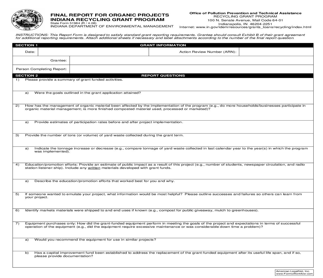 Final Report For Organic Projects Indiana Recycling Grant Program {51984} |  | Indiana