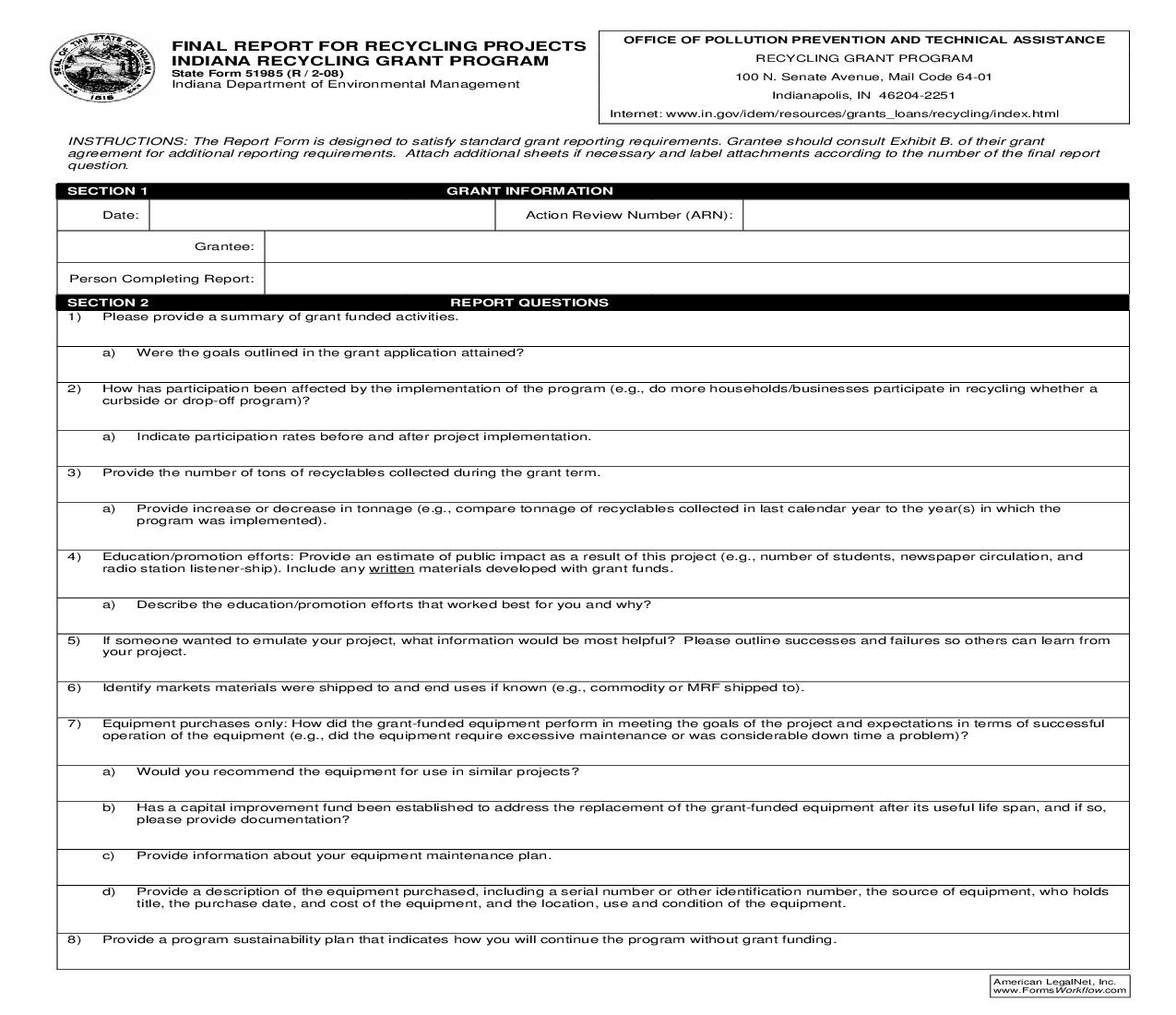 Final Report For Recycling Projects Indiana Recycling Grant Program {51985} |  | Indiana