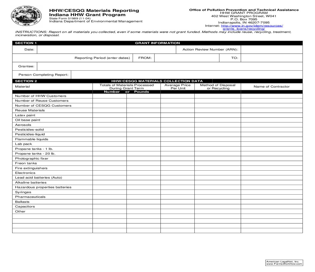 HHW CESQG Materials Reporting Indiana HHW Grant Program {51989} |  | Indiana