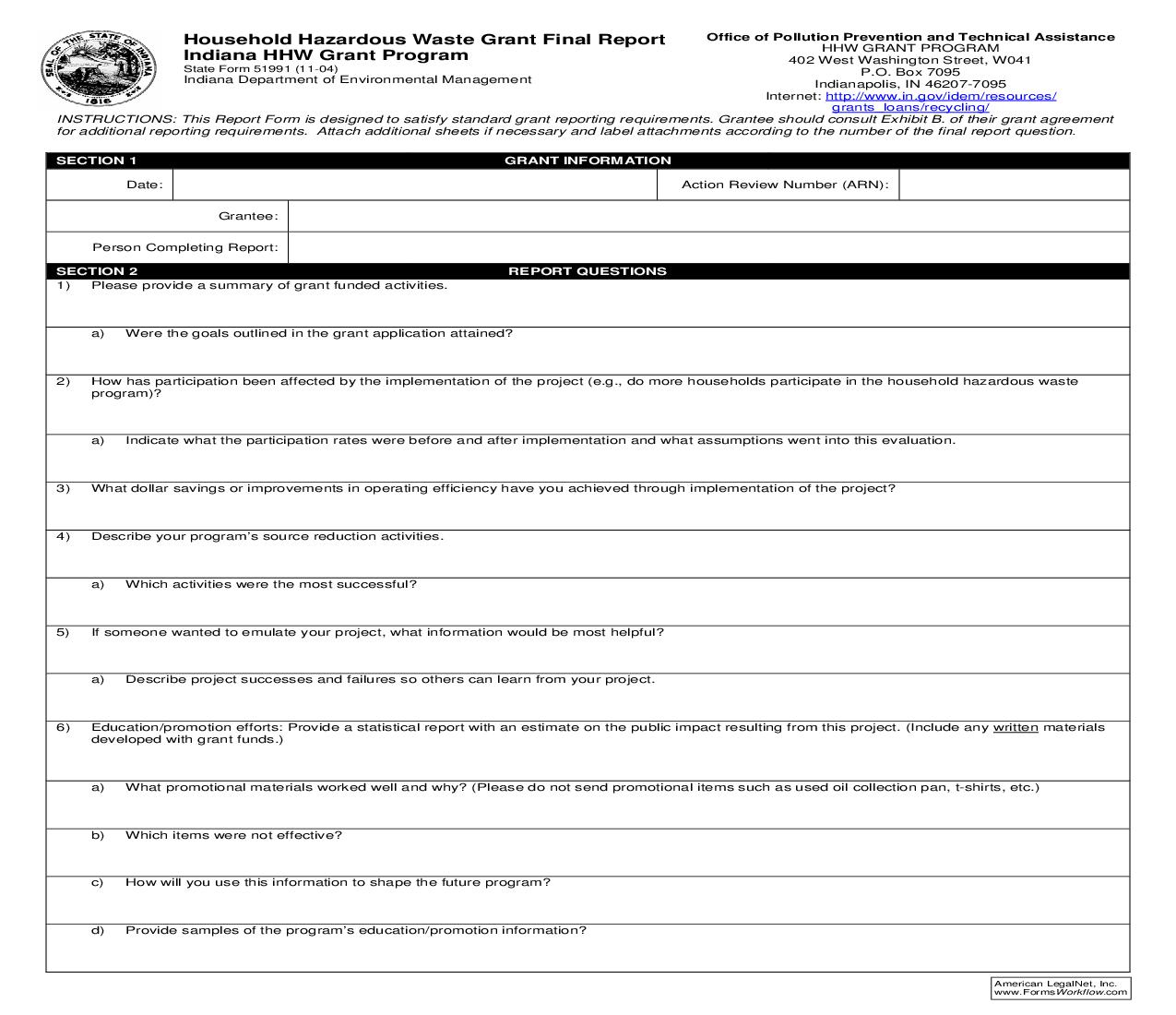 Household Hazardous Waste Grant  Final Report Indiana HHW Grant Program {51991} |  | Indiana