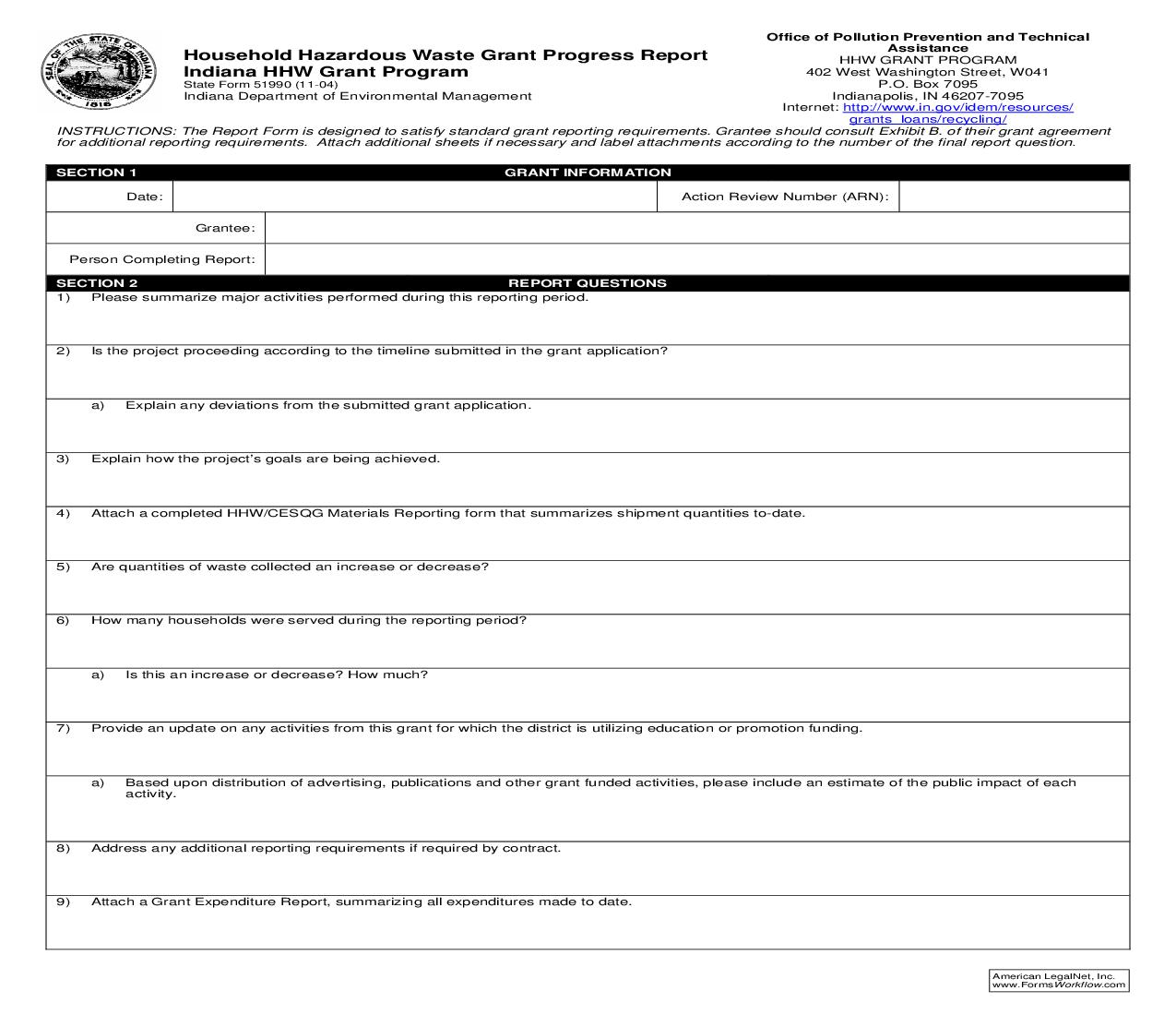 Household Hazardous Waste Grant Progress Report Indiana HHW Grant Program {51990} |  | Indiana