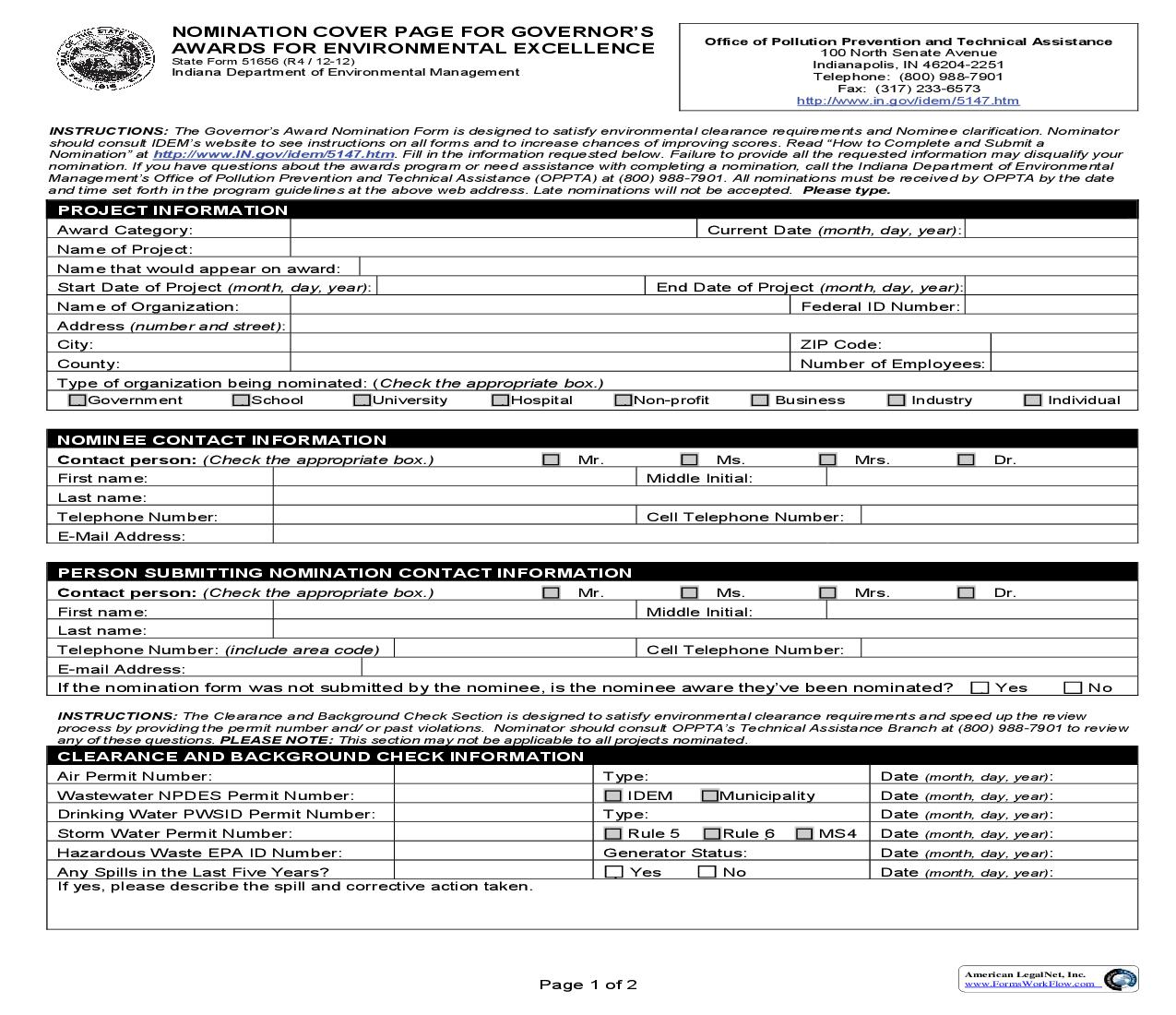 Nomination Cover Page For Govenors Awards For Enviromental Excellence {51656} |  | Indiana