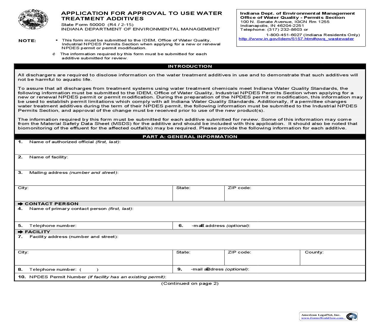 2E Application For Approval To Use Water Treatment Additives {50000} |  | Indiana