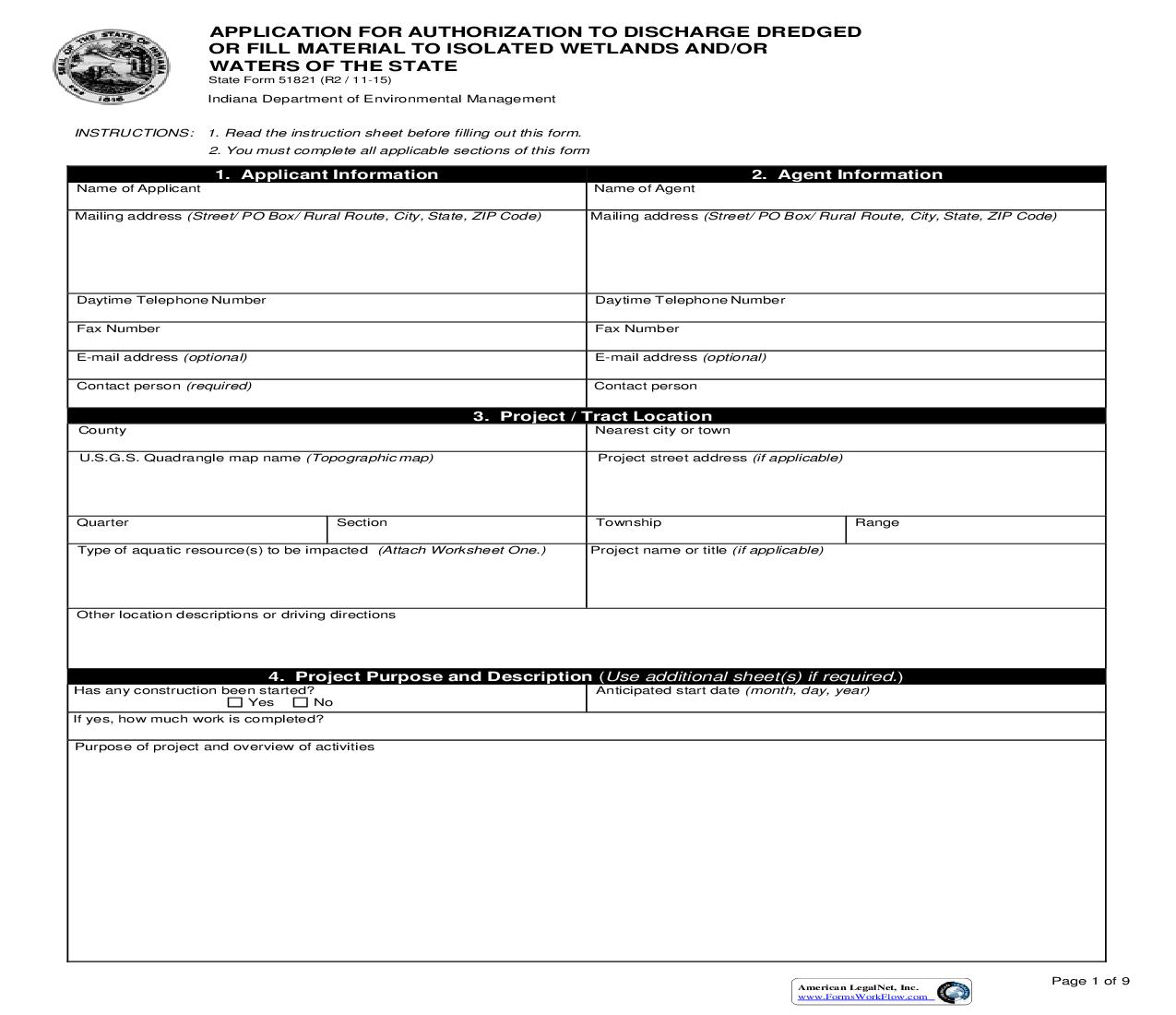 Application For Authorization To Discharge Dredged Or Fill material To isolated Wetlands And Or Waters Of The State {51821} |  | Indiana