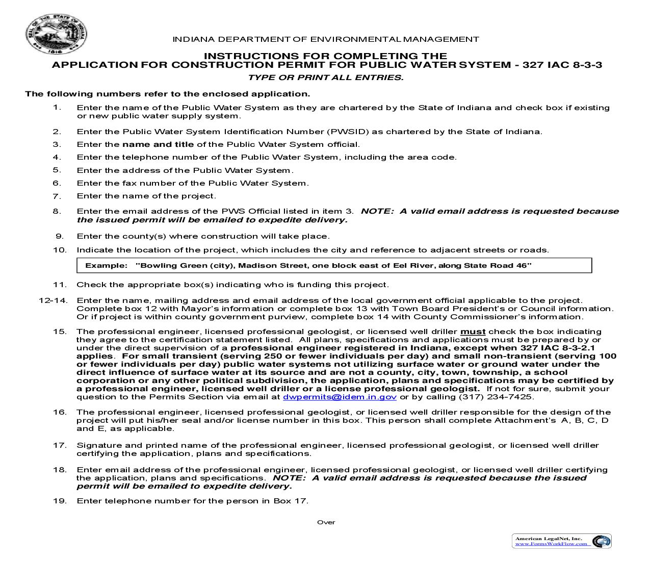 Application For Construction Permit For Public Water System 327 IAC 8-3-3 {35058} |  | Indiana
