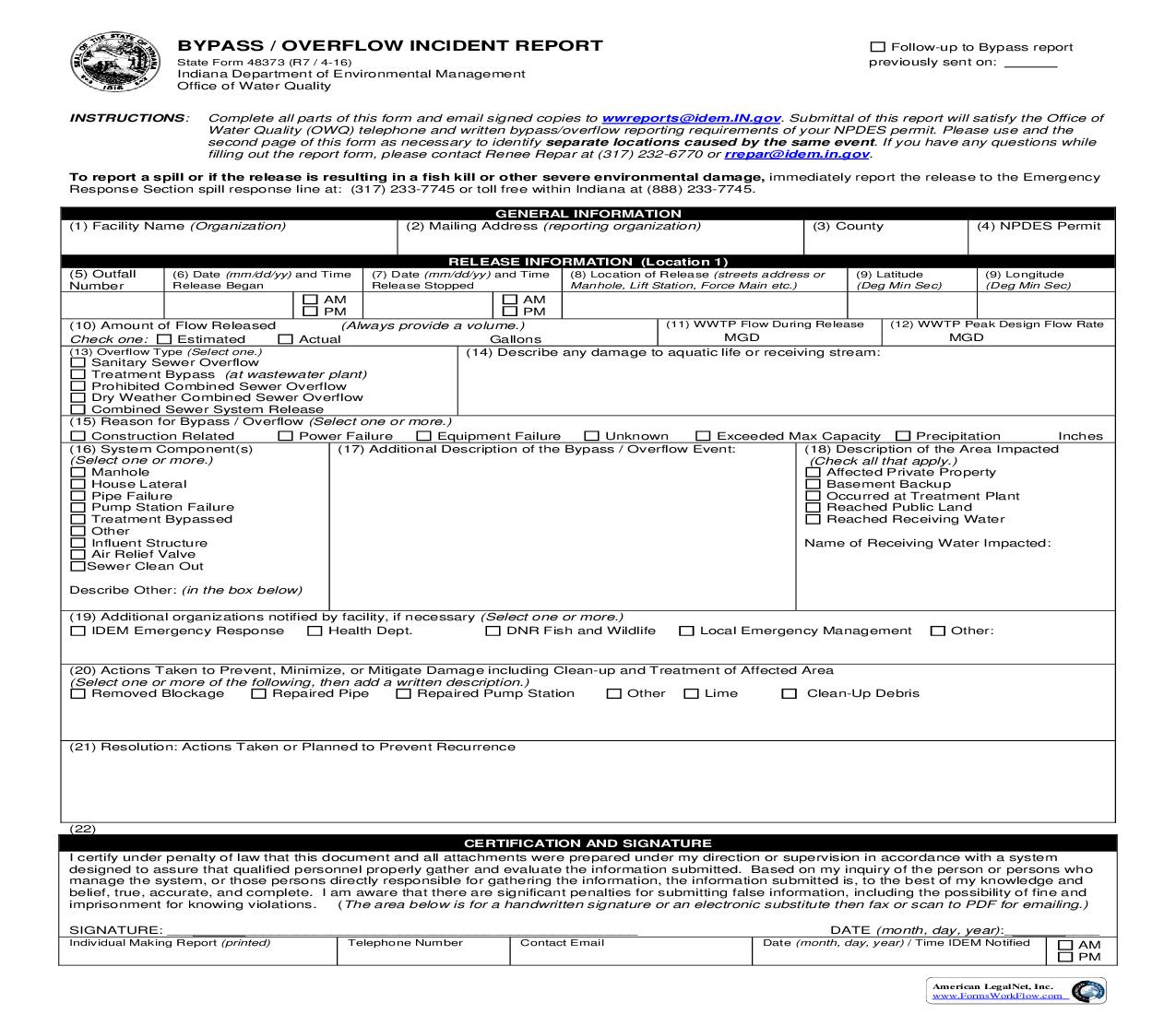 Bypass Overflow Incident Report {48373} |  | Indiana