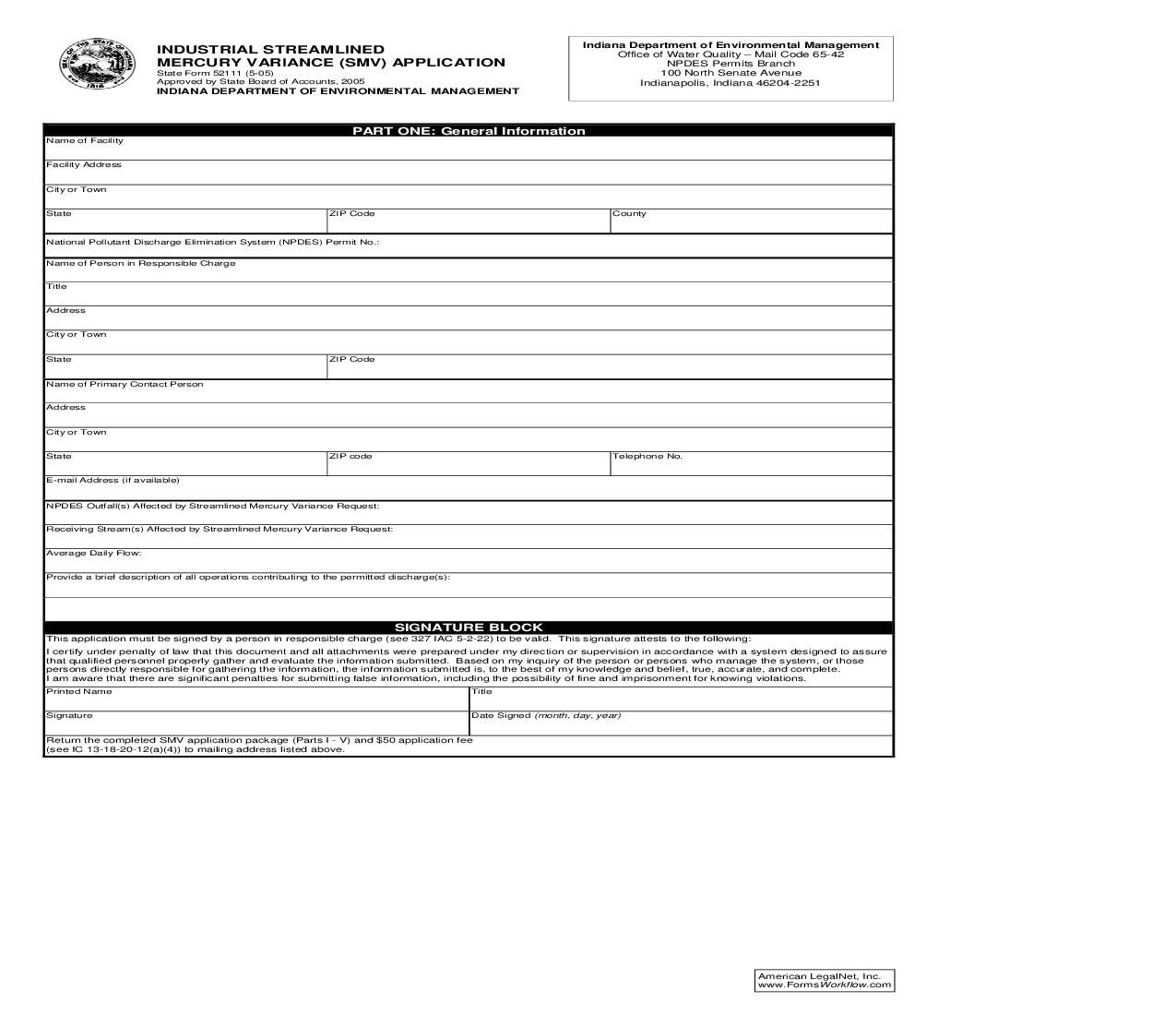 Industrial Streamlined Mercury Variance (SMV) Application {52111} |  | Indiana