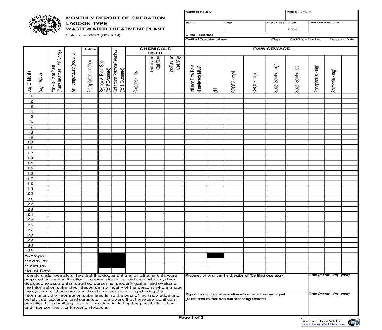 Monthly Report Of Operation Lagoon Type Wastewater Treatment Plant {53343} |  | Indiana