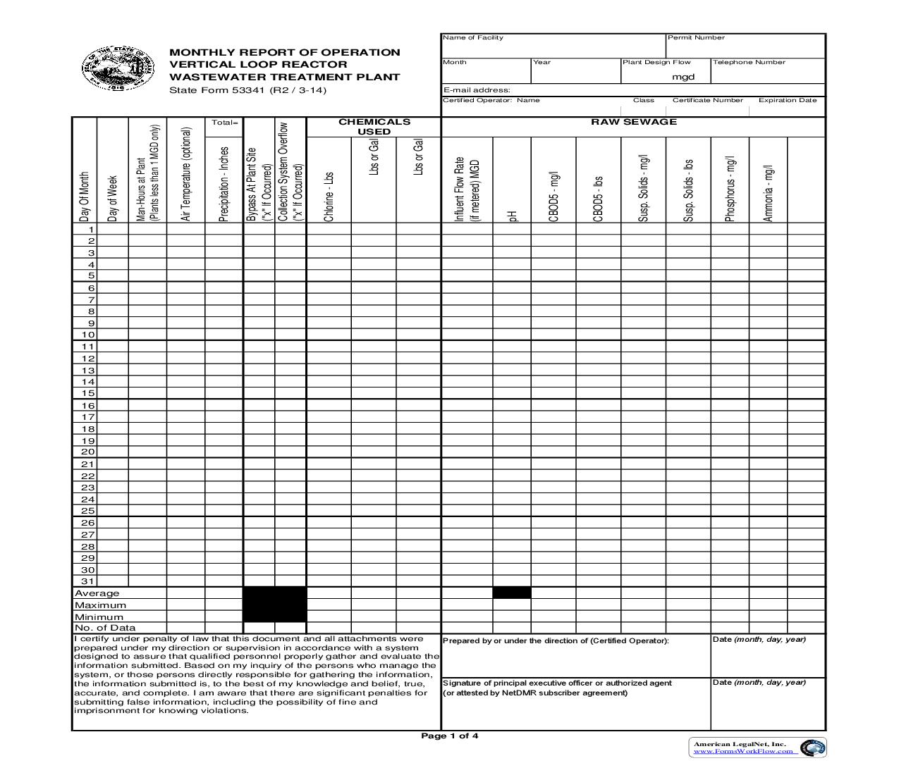 Monthly Report Of Operation Vertical Loop Reactor Wastewater Treatment Plant {53341} |  | Indiana