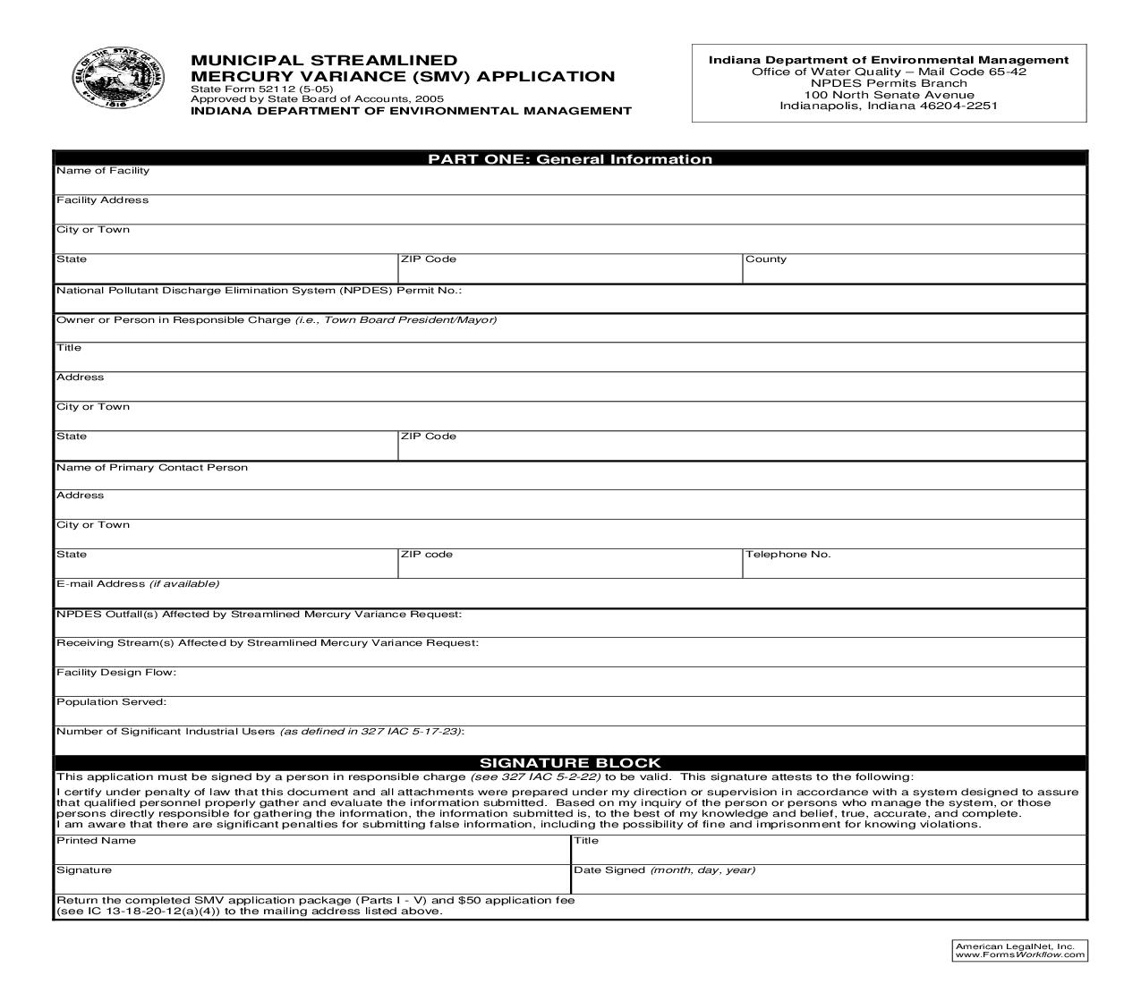 Municipal Streamlined Mercury Variance (SMV) Application {52112} |  | Indiana