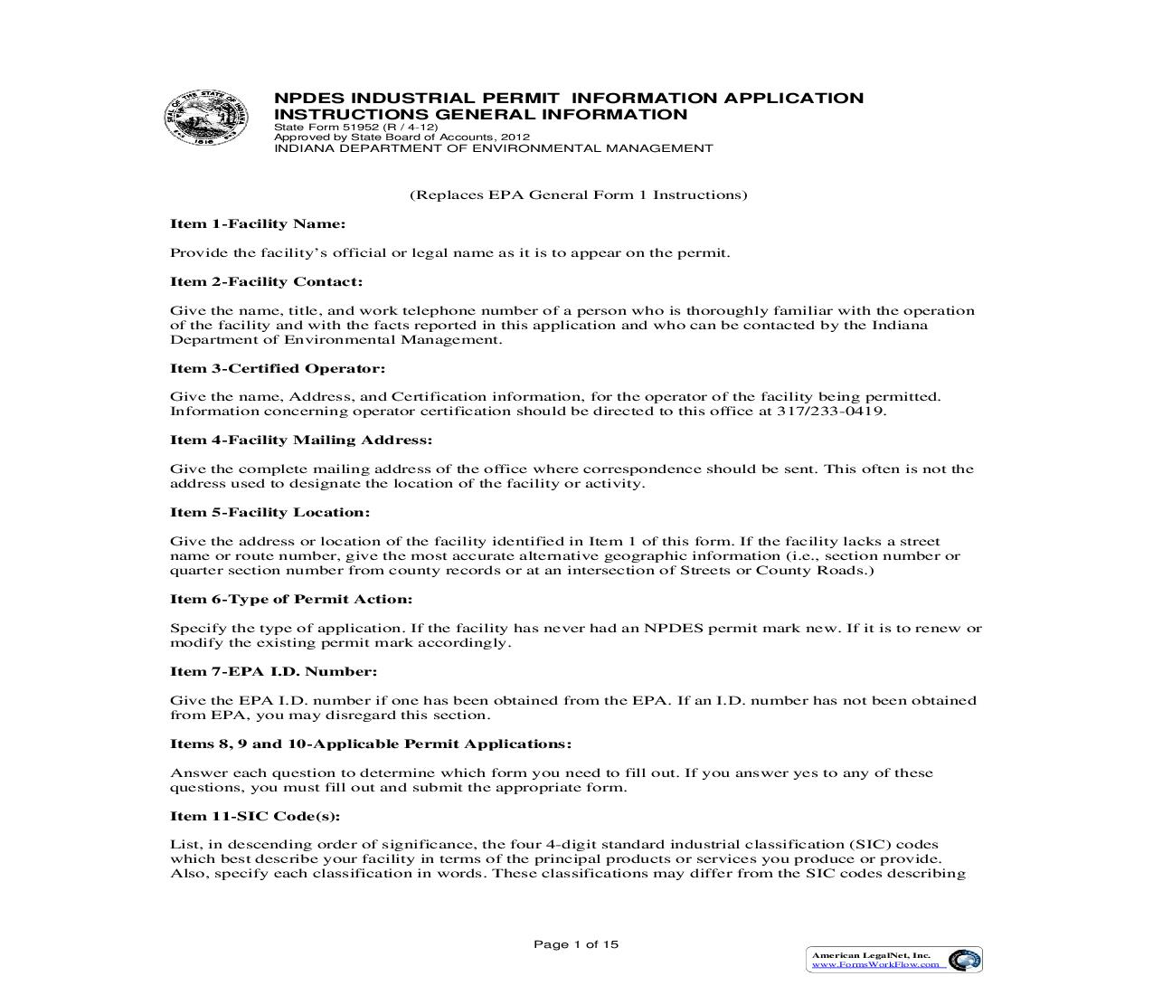 NPDES Industrial Permit Information Application Instructions General Information Form {51952} |  | Indiana