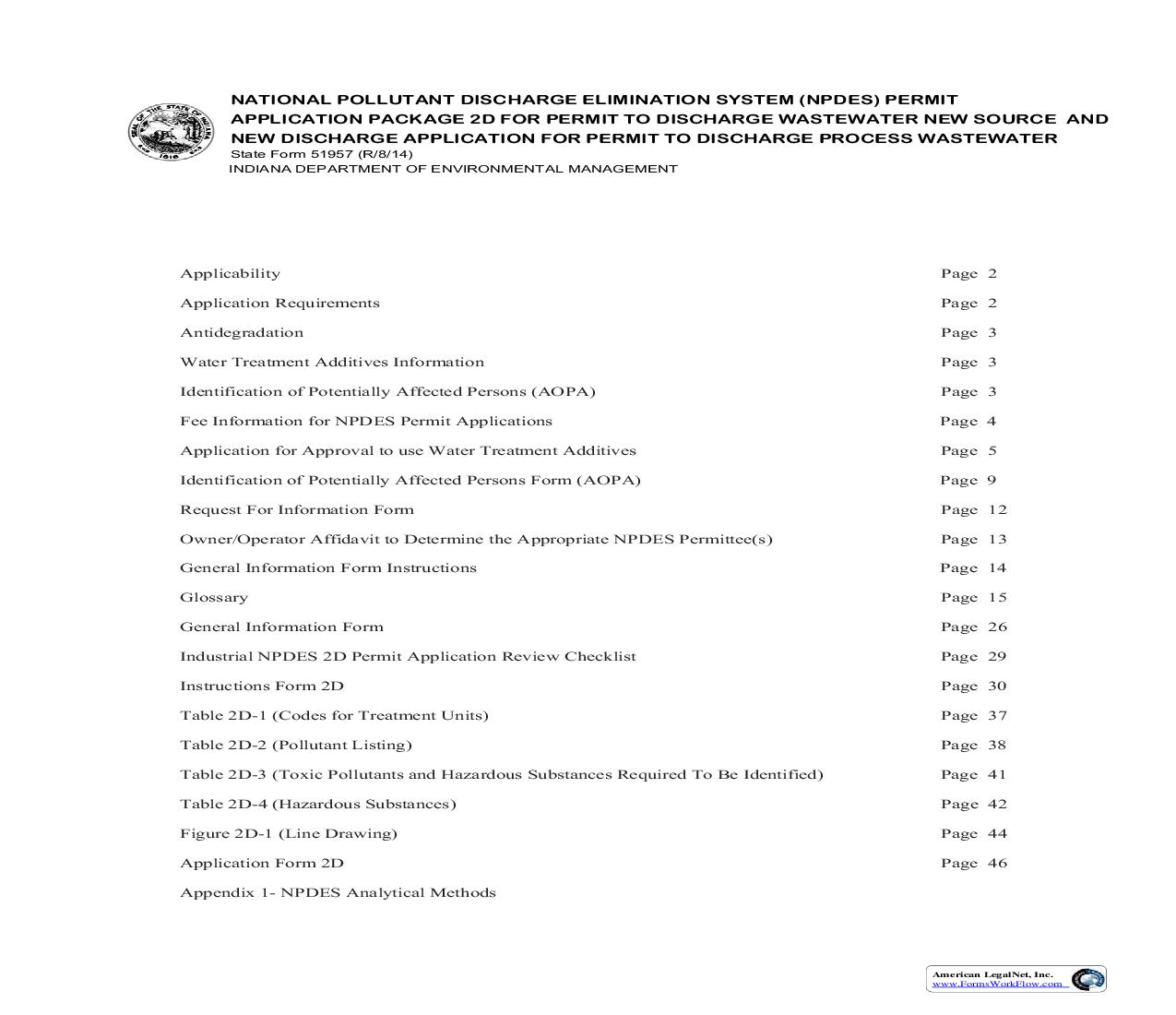 National Pollutant Discharge Eliminations System (NPDES) Permit Application Package Form 2D {51957} |  | Indiana