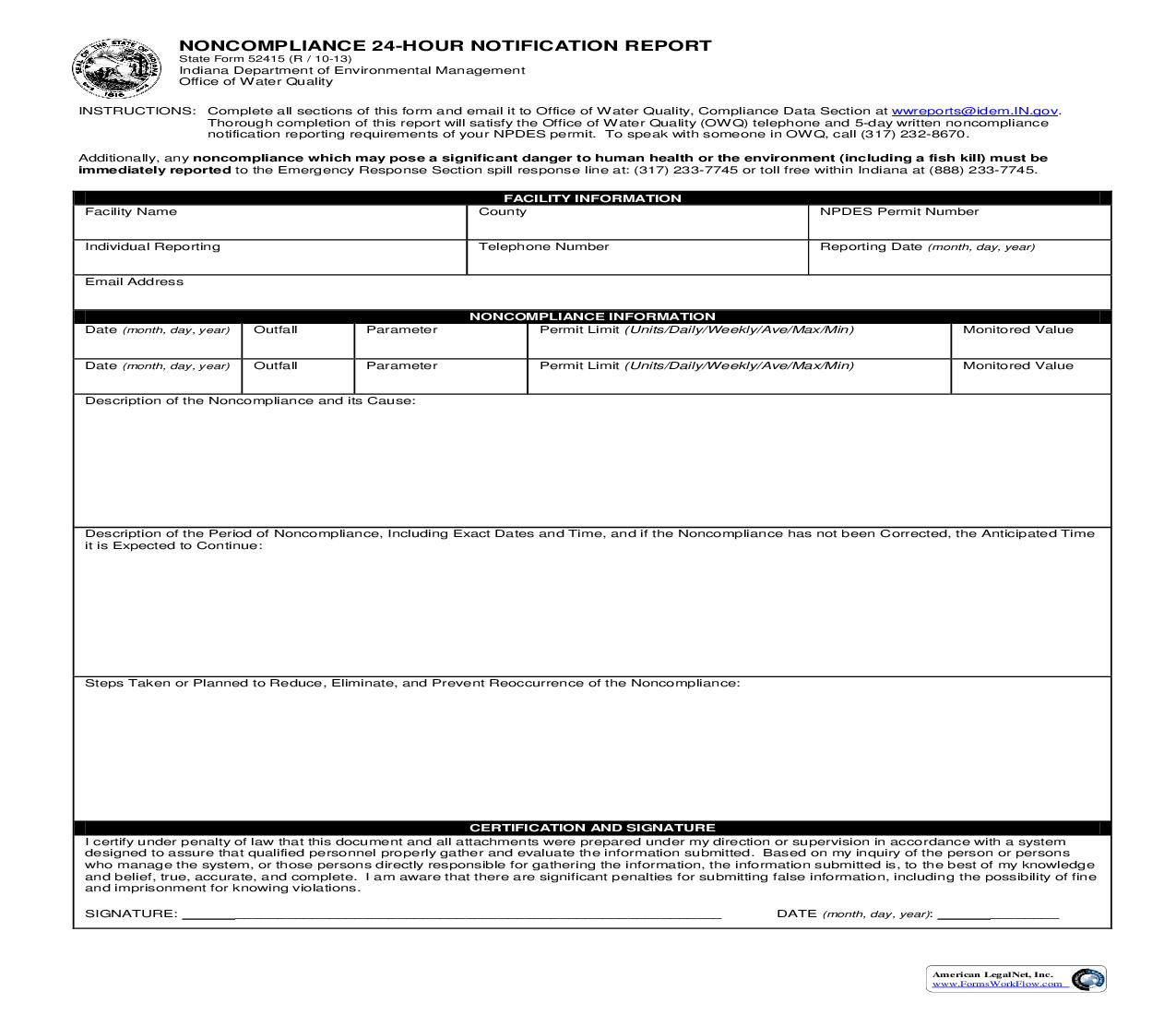 Non Compliance 24 Hour Notification Fax Report {52415} |  | Indiana