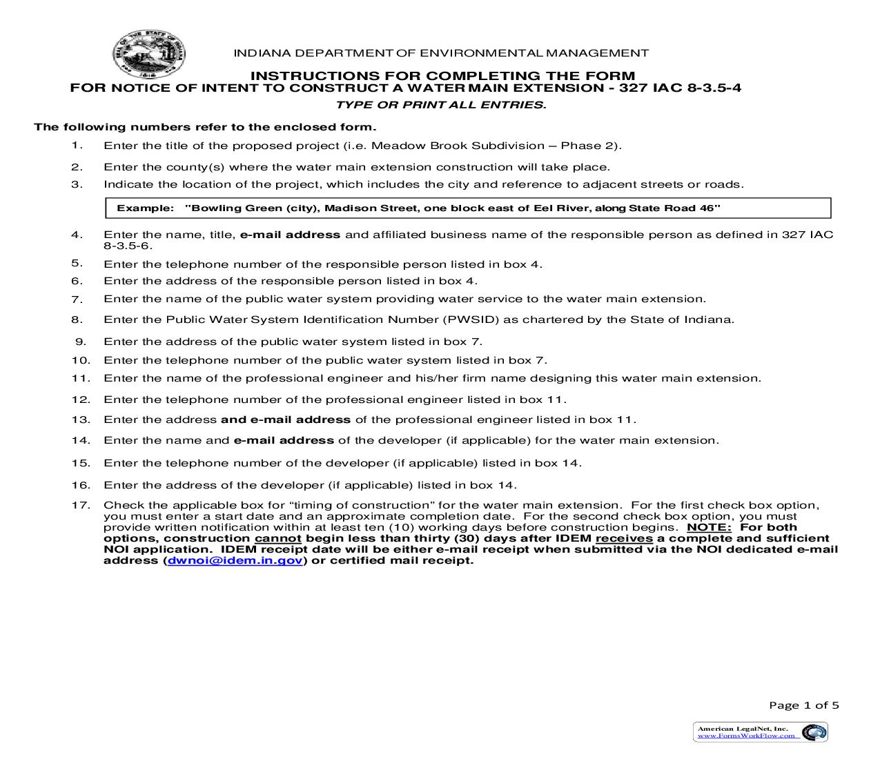 Notice Of Intent To Construct A Watermain Extension {49008} |  | Indiana
